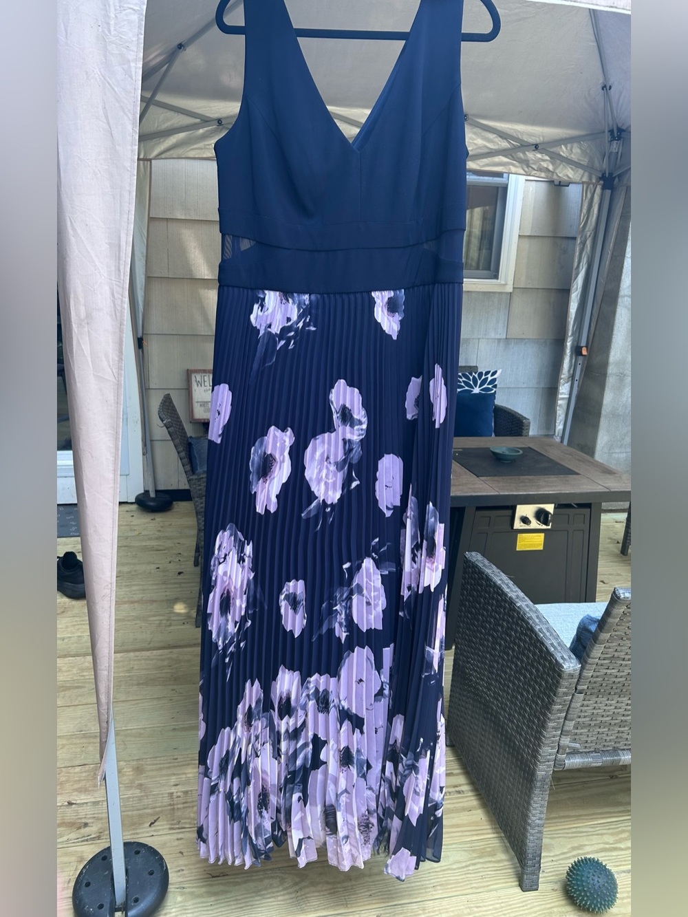 Xscape Navy Pleated Chiffon Maxi Dress with Lavender Floral Print Illusion Gown
